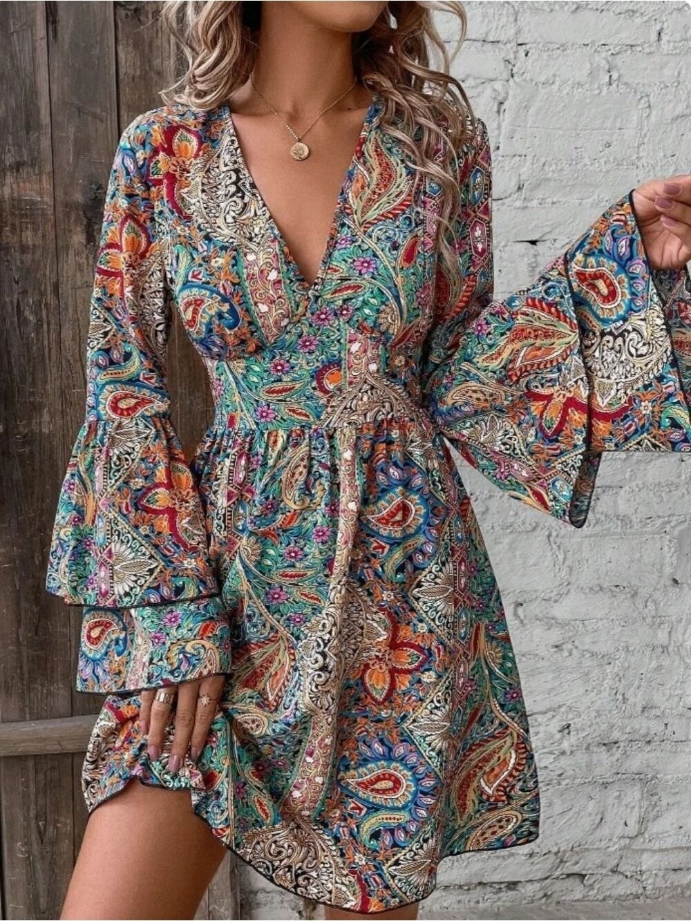 SHEIN Boho Paisley Print V-Neck Mini Dress Tiered Bell Flare Sleeve M 6